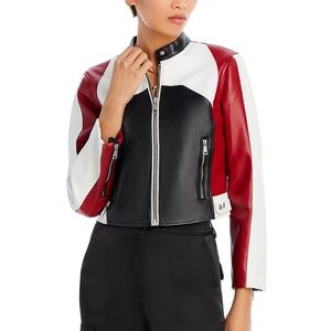 Bloomingdale's Black, White & Red Colorblock Faux Leather Moto Jacket